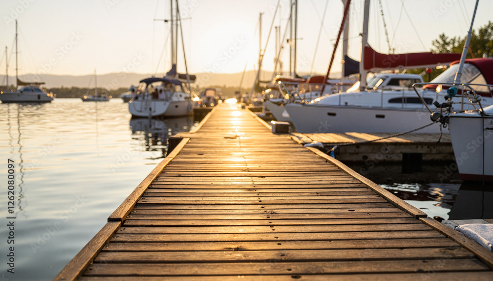 Fototapeta premium Scenic waterfront path with wooden dock and moored sailboats during sunset