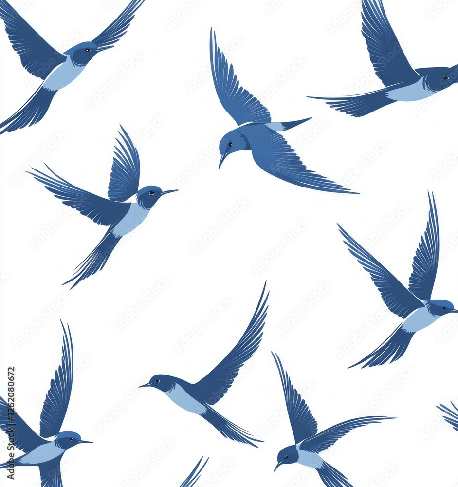 Obraz premium This design features a seamless pattern of swallows flying gracefully across a white backdrop. The blue hues capture the essence of these agile birds, symbolizing freedom in flight