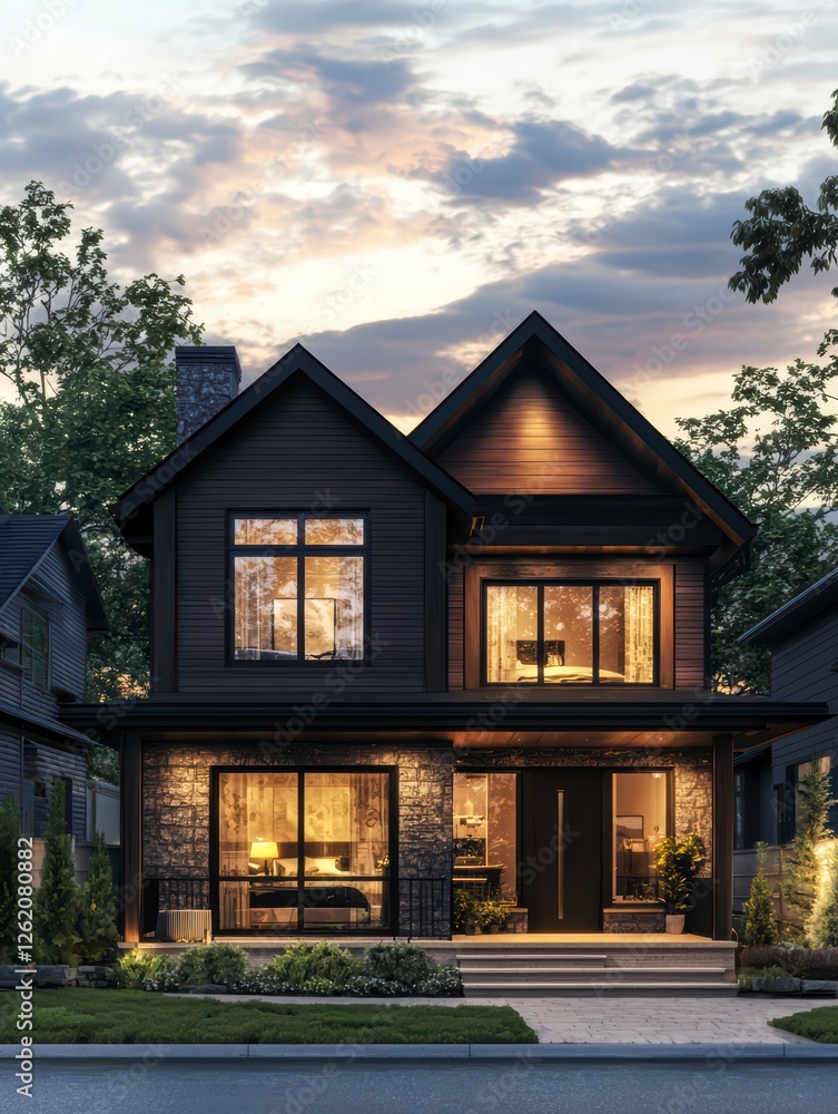 Urban Oasis: Modern Home at Dusk: Captivating evening shot of a beautifully designed modern home, with architectural finesse, inviting interiors, and a warm, welcoming ambiance. Urban Oasis: Modern Home at Dusk: Captivating evening shot of a beautifully designed modern home, with architectural finesse, inviting interiors, and a warm, welcoming ambiance.
