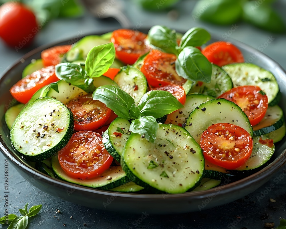 Bright and Nourishing Vegetable Salad with Tomatoes and Basil Garnish Bright and Nourishing Vegetable Salad with Tomatoes and Basil Garnish
