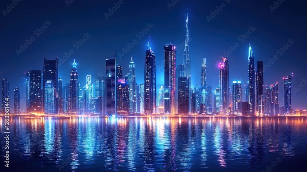 Futuristic skyline with towering skyscrapers and neon lights glowing Futuristic skyline with towering skyscrapers and neon lights glowing