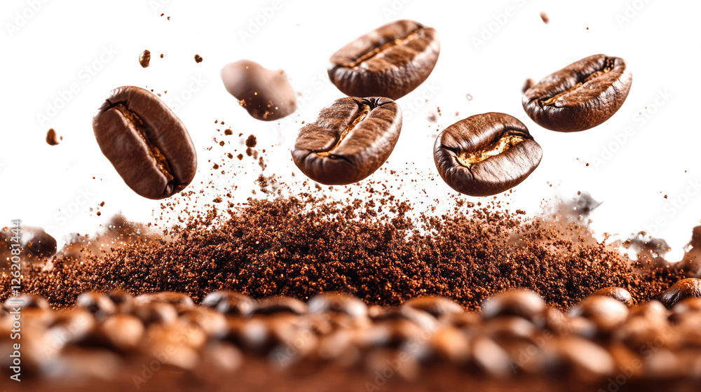 Coffee Explosion: Coffee beans and grounds erupt in a dynamic display of aromatic intensity. capturing the essence of a perfect brew Coffee Explosion: Coffee beans and grounds erupt in a dynamic display of aromatic intensity. capturing the essence of a perfect brew