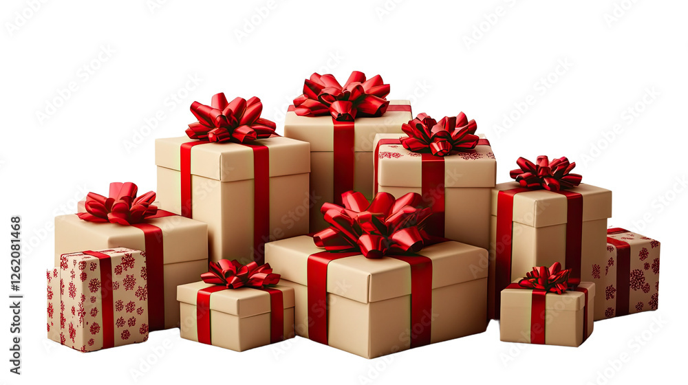 Obraz premium Festive Gifts: A captivating display of wrapped presents, each adorned with a vibrant red ribbon and bow, creates a scene of anticipation and delight. The carefully arranged collection promises joy.