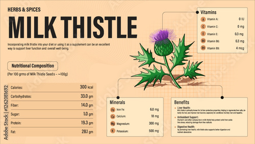 Milk Thistle Herb Nutrition Facts and Health Benefits–Detailed Vector Infographic for Healthy Eating and Wellness