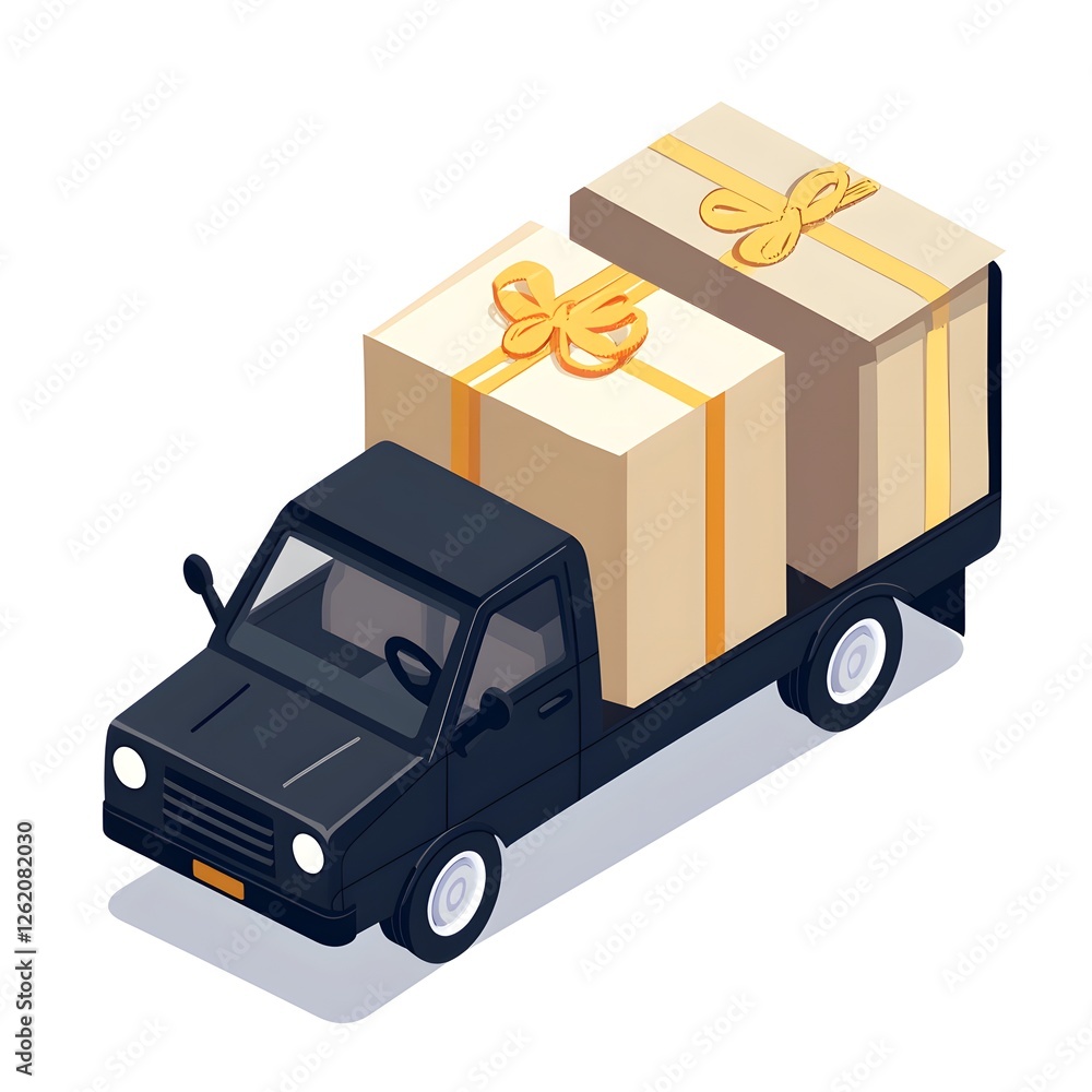 Isometric delivery truck with large gift boxes Isometric delivery truck with large gift boxes