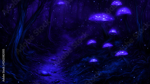 Bioluminescent Mushroom Forest Trail at Night Magic Enchanted Path Amidst Starry Twilight Scenery photo