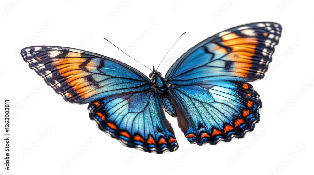 Fototapeta premium Butterfly's Dazzling Display: This close-up image of a butterfly showcases the intricate details of its wings, radiating a spectrum of vibrant colors in a photorealistic style.