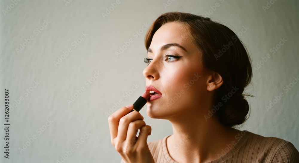Caucasian young female applying lipstick with focused expression Caucasian young female applying lipstick with focused expression