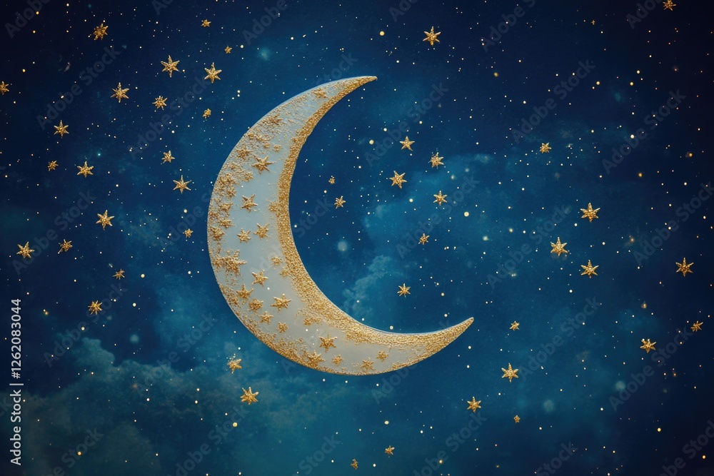 Naklejka premium Night sky scene featuring crescent moon and golden stars. Serene nocturnal digital illustration for artistic, scientific, or celestial themes.
