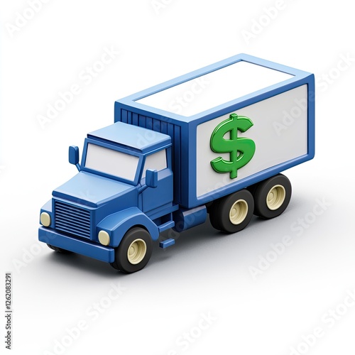 3D isometric delivery truck with dollar sign, isolated on white photo