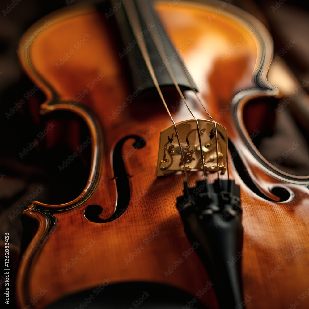Fototapeta premium A stunning close-up of a finely crafted violin, showcasing intricate wood grain, aligned strings, and warm hues. Perfect for music, art, and craftsmanship themes.