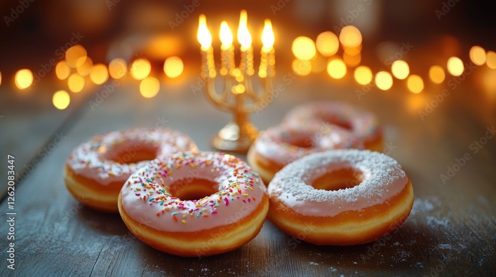 Two doughnuts with candles in the middle, lit up against a dark background, creating a festive and celebratory atmosphere. Perfect for birthdays or other special occasions. Two doughnuts with candles in the middle, lit up against a dark background, creating a festive and celebratory atmosphere. Perfect for birthdays or other special occasions.