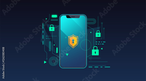 Concept design of protection and defense from cybercrime, Phishing. featuring elements of smart phone, padlock and shield. Protect your data from phishing. Beware of Phishing