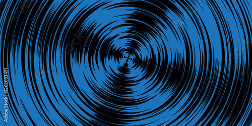 Black concentric lines on blue bg as a spinning vinyl record or manga spin vector illustration. Comic teleport or whirlpool epicenter. Optical dizzling swirl illusion