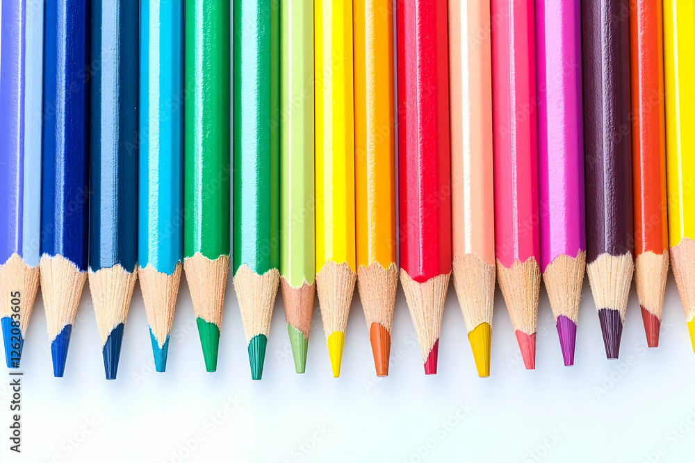 Vibrant row of colorful pencils arranged neatly on a white background, showcasing a spectrum of hues. Perfect for education, art, and creativity themes. Vibrant row of colorful pencils arranged neatly on a white background, showcasing a spectrum of hues. Perfect for education, art, and creativity themes.