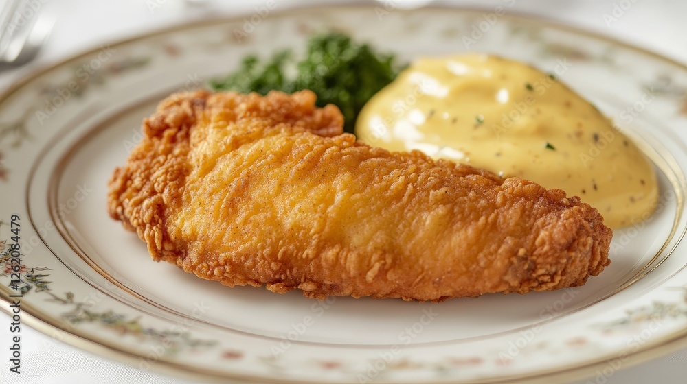 A plate featuring a crispy fried chicken piece, accompanied by green garnish and a sauce. A plate featuring a crispy fried chicken piece, accompanied by green garnish and a sauce.