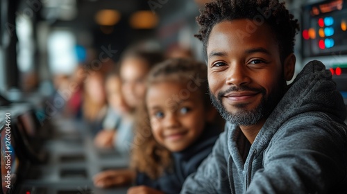 Group of diverse kids sitting in a futuristic classroom equipped with advanced technology bonding with their smiling teacher while engaged in interactive learning