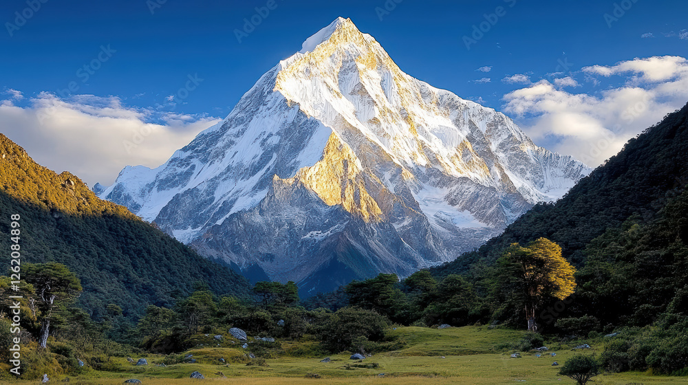 Majestic mountain peak with snow, surrounded by lush greenery and blue sky Majestic mountain peak with snow, surrounded by lush greenery and blue sky