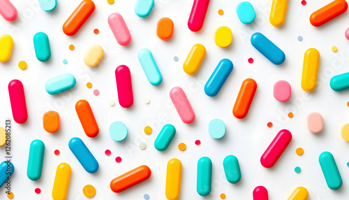 Colorful capsules and pills scattered on a white background; vibrant medicine concept.