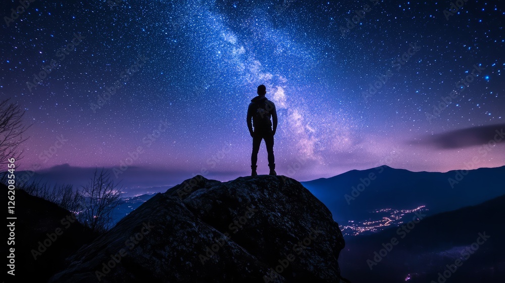 Fototapeta premium Silhouette gazes into a celestial canvas of vibrant Milky Way expanse