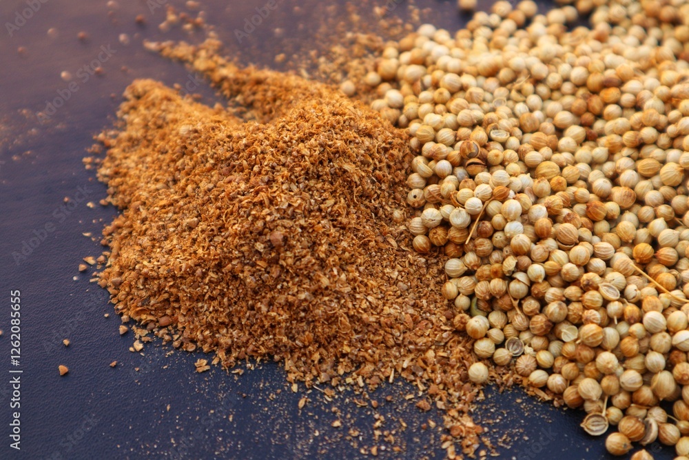 Forms of Coriander Seeds (Coriandrum sativum) and ground coriander with close view. Forms of Coriander Seeds (Coriandrum sativum) and ground coriander with close view.