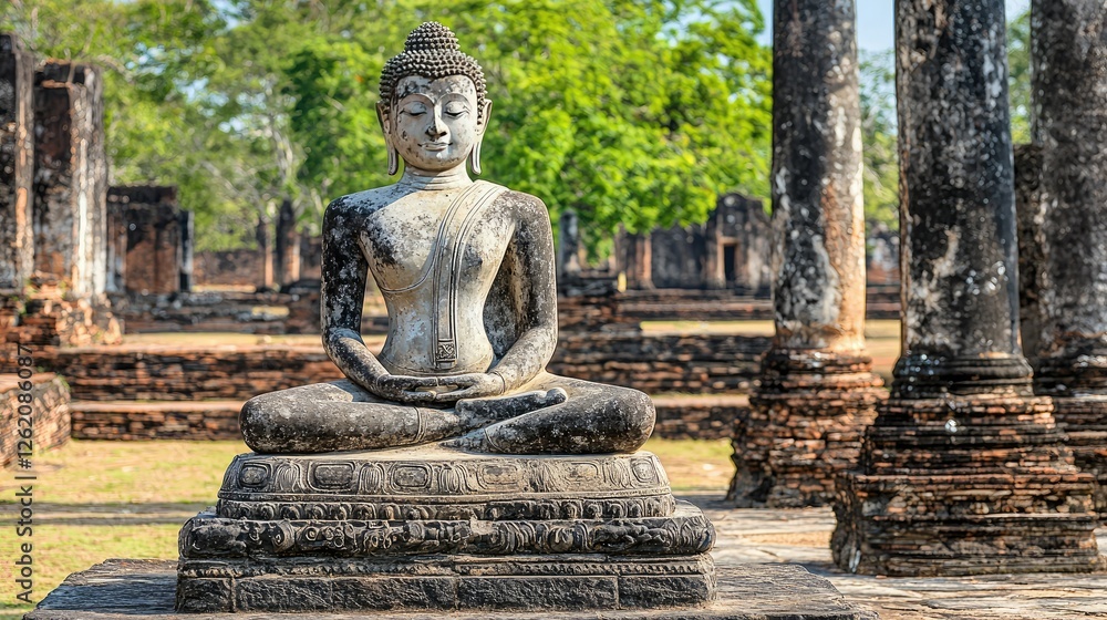 Serene Buddha Statue Surrounded by Ancient Ruins in Sunny Daylight Serene Buddha Statue Surrounded by Ancient Ruins in Sunny Daylight