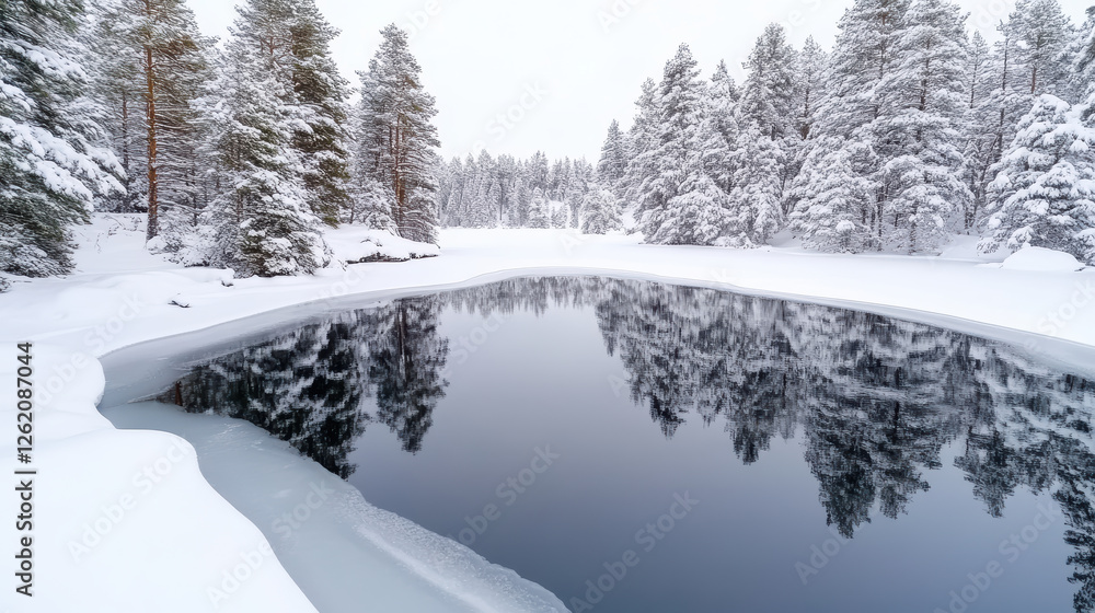 Obraz premium serene frozen lake surrounded by snow covered pine trees reflects winter landscape
