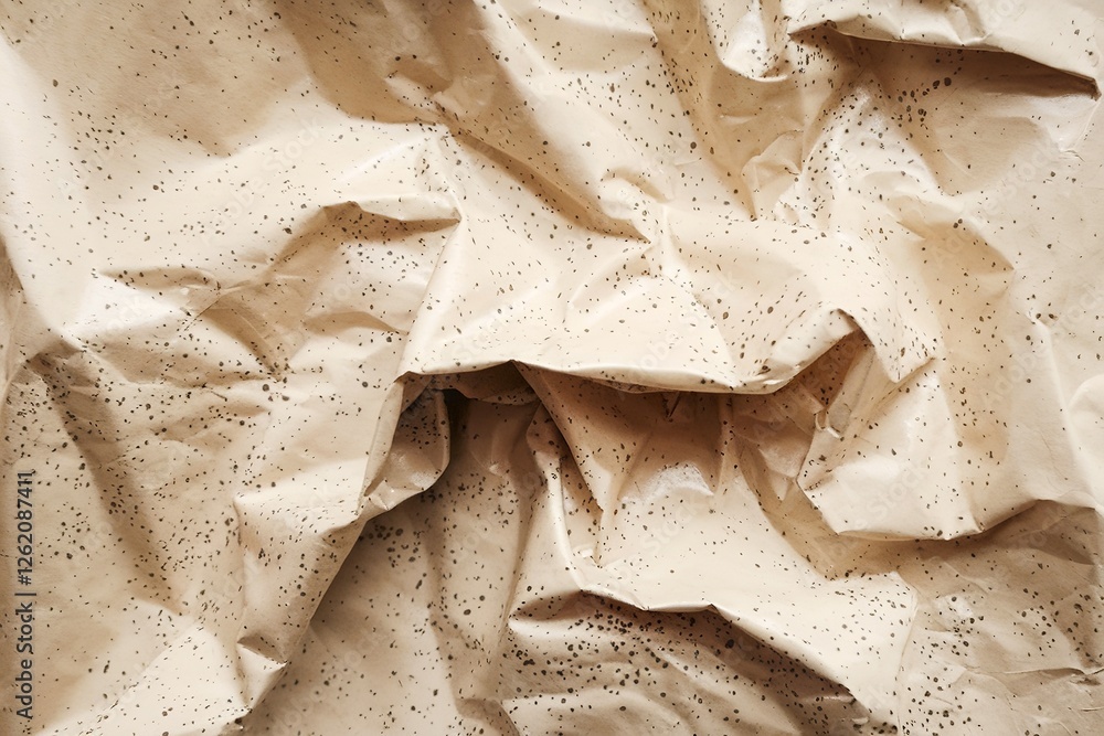 a crumpled piece of light beige paper with numerous tiny speckles scattered across its surface a crumpled piece of light beige paper with numerous tiny speckles scattered across its surface