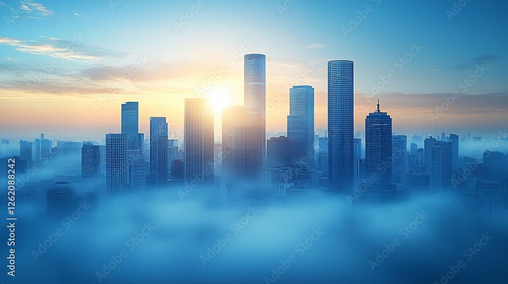 Aerial view of a modern city skyline at sunrise, shrouded in morning fog, showcasing urban life Aerial view of a modern city skyline at sunrise, shrouded in morning fog, showcasing urban life
