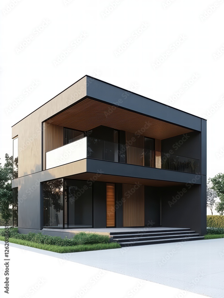 Modern Architectural Home: A sleek and contemporary two-story home showcases a striking minimalist design with clean lines, large windows, a sleek balcony, and a wooden accent. Modern Architectural Home: A sleek and contemporary two-story home showcases a striking minimalist design with clean lines, large windows, a sleek balcony, and a wooden accent.