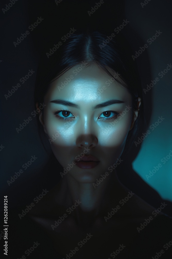 Captivating gaze illuminated by ethereal lighting in a dimly lit space showcasing a beautiful subject's expressive face and striking features Captivating gaze illuminated by ethereal lighting in a dimly lit space showcasing a beautiful subject's expressive face and striking features