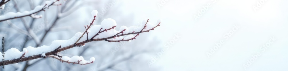 Snow-covered branch against a white sky with subtle contrast, branch, bare tree Snow-covered branch against a white sky with subtle contrast, branch, bare tree