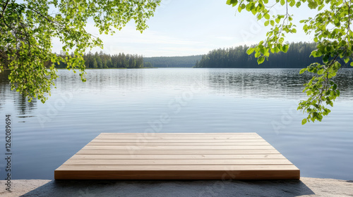 Fototapeta Naklejka Na Ścianę i Meble -  serene wooden platform by calm lake surrounded by lush greenery
