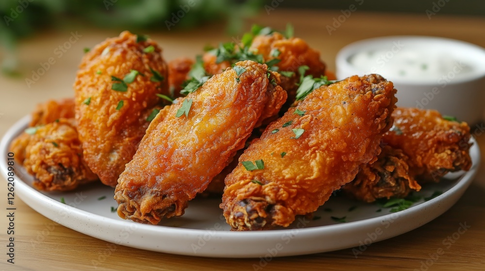 A plate of crispy chicken wings garnished with herbs and served with a dipping sauce. A plate of crispy chicken wings garnished with herbs and served with a dipping sauce.