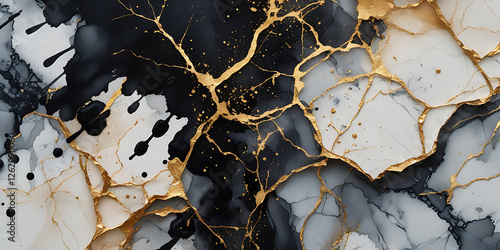 Golden black shiny veins and cracked marble texture background, created by generative AI