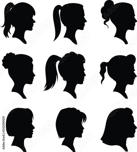 Profile Silhouettes of Women with Various Hairstyles