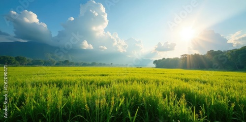 Pemandangan sawah di pagi hari dengan warna biru, hampir, pagi
