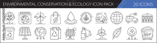 Environmental Conservation and Ecology Icon Set - A set of 20 icons representing environmental conservation and ecology, featuring themes like recycling, trees, water, and sustainability.

