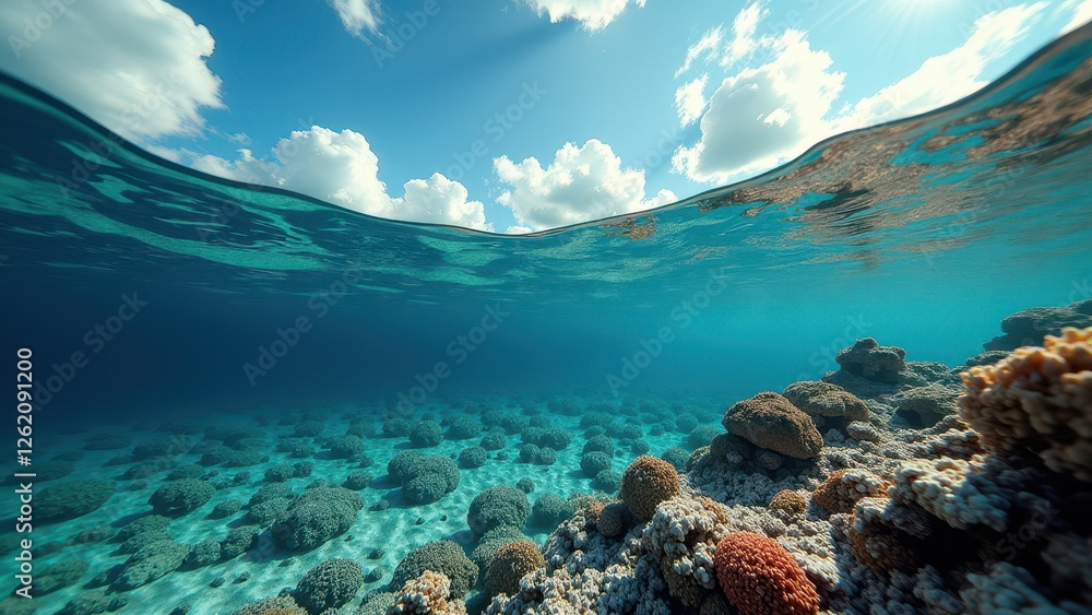 Split-view of bleached coral reef underwater and sky with clouds above surface Split-view of bleached coral reef underwater and sky with clouds above surface