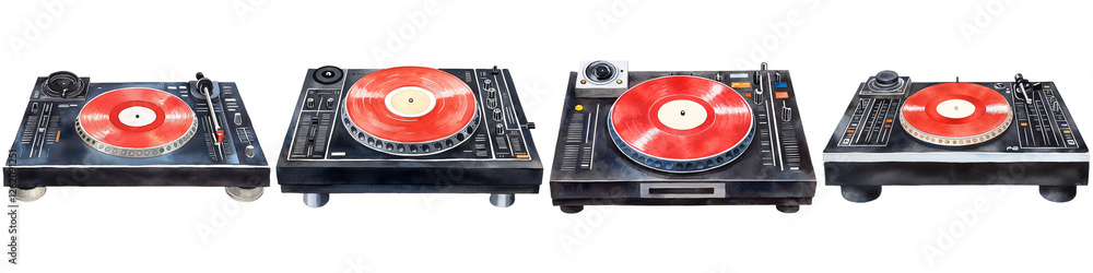 Fototapeta premium Concerts performance and visuals watercolor, A lineup of turntables featuring red vinyl records, showcasing a variety of designs and controls for DJs.