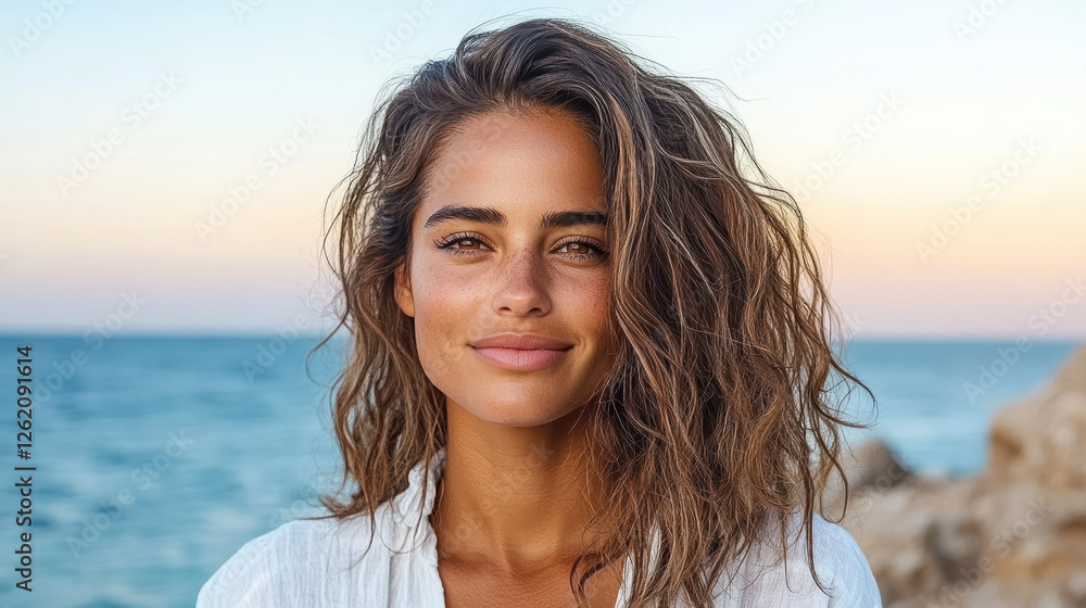 woman with sun kissed skin smiling by beach at sunset woman with sun kissed skin smiling by beach at sunset