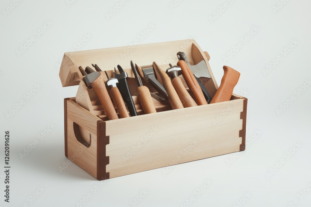 Open wooden toolbox, tools, workshop, white background, craft Open wooden toolbox, tools, workshop, white background, craft
