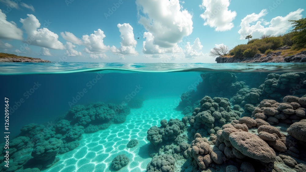 Fototapeta premium Split-view of bleached coral reef underwater and sky with clouds above surface 