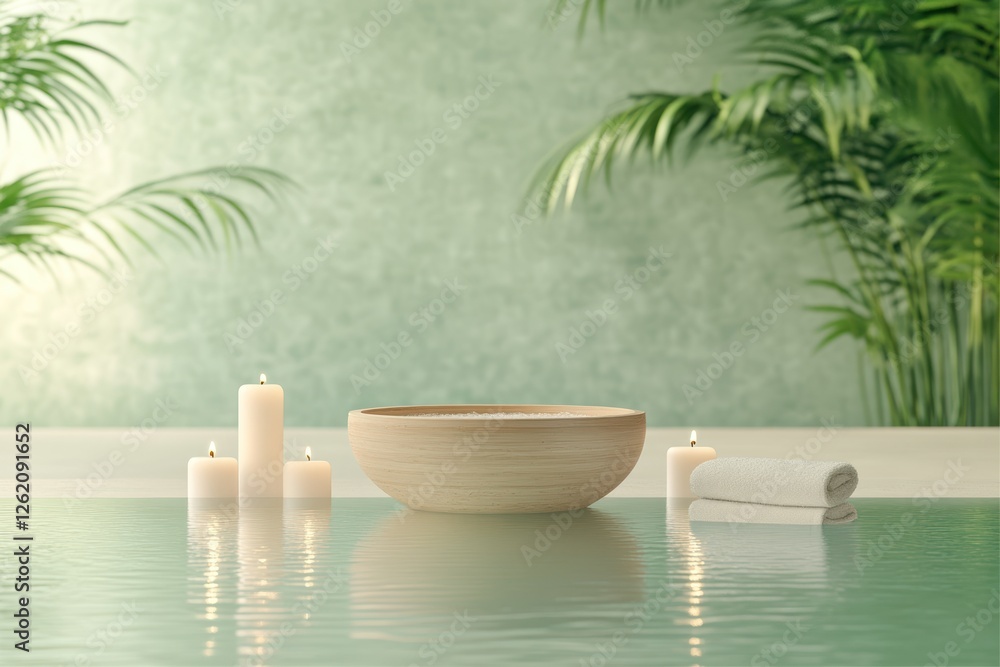Relaxing spa setting with floating candles, orchid, bamboo towel in a serene garden environment Relaxing spa setting with floating candles, orchid, bamboo towel in a serene garden environment