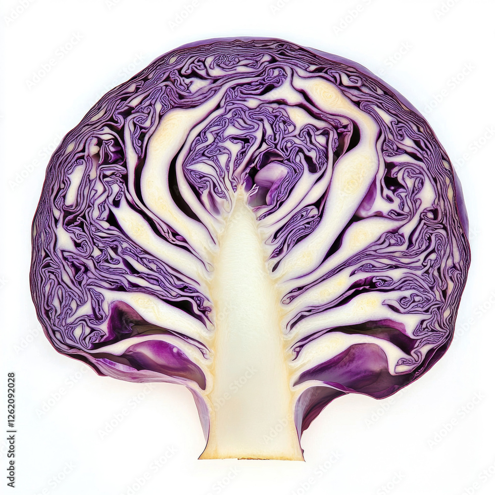Obraz premium A close-up of a fresh red cabbage isolated on a white background, perfect for salads or healthy meals with its vibrant color and crisp texture