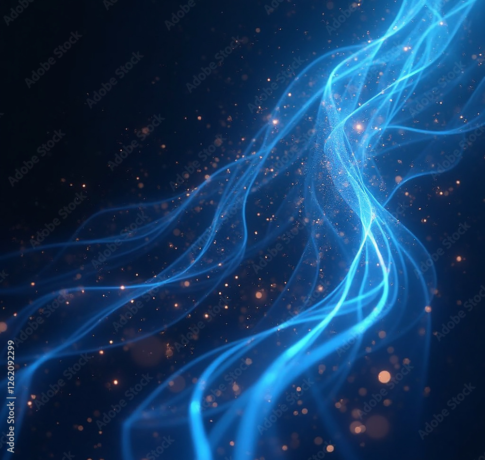 Obraz premium A dynamic abstract background featuring flowing blue lines intertwined with sparkling golden particles against a dark backdrop.