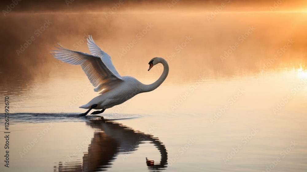 Obraz premium A graceful swan takes flight across a serene lake at dawn
