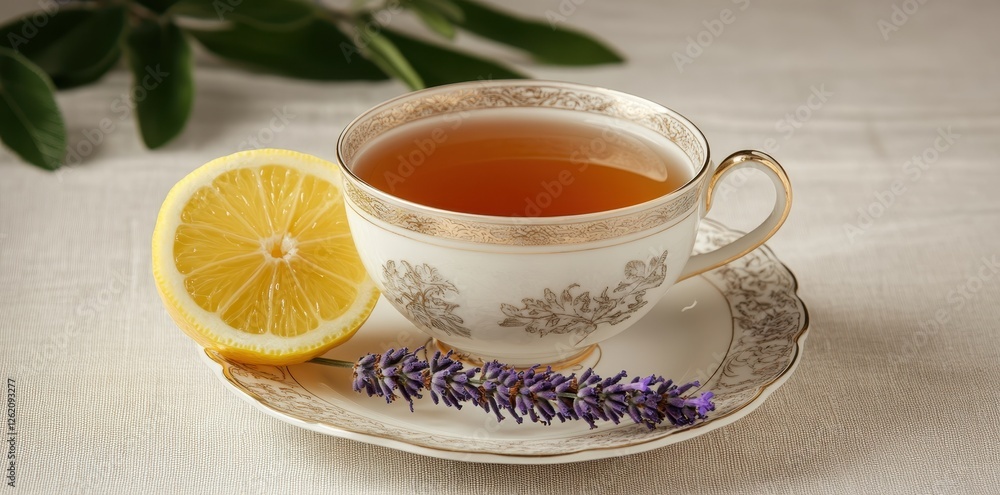 Elegant tea cup with lemon slice and lavender sprig Elegant tea cup with lemon slice and lavender sprig