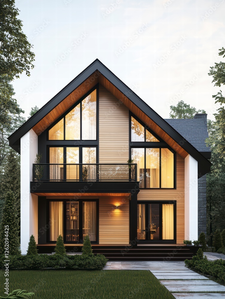 Fototapeta premium Modern House Exterior Design: A stunning modern house design with sleek black window frames, light wood siding, and a sharp pitched roof. The house is illuminated from within.