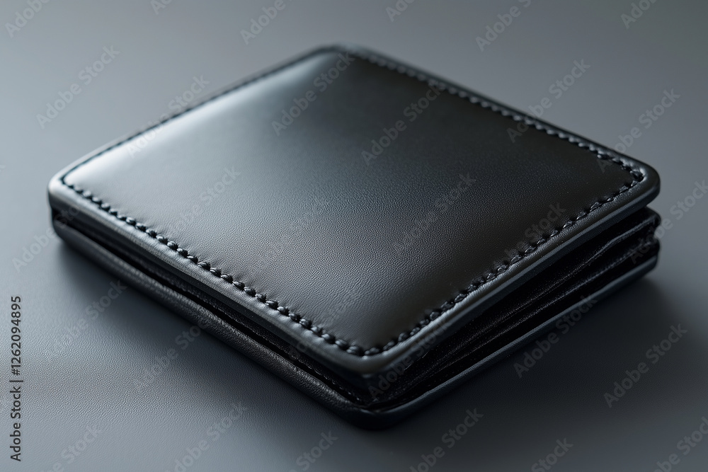 A Sleek Black Leather Wallet with Fine Stitching on a Gray Canvas. A Sleek Black Leather Wallet with Fine Stitching on a Gray Canvas.